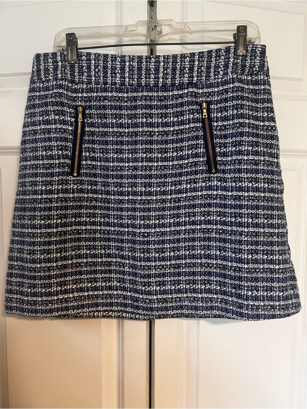 LOFT Navy and White Tweed Mini Skirt with Gold Zipper Detail
